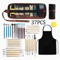 Professional 37-piece pottery art tool set with apron and roll bag for clay sculpting - 37-Piece Pottery Tool Set (Leather Bag & Apron)