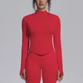 Detailed front view of a red seamless high-stretch yoga top with a stand collar and zipper - S / Tops / Red
