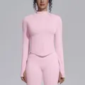 Slim fit seamless pink sports yoga jacket for women with stand collar and zipper detail. - Sakura Pink