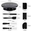 Black cake turntable and decorating tool set with detailed dimensions labeled on white - Black Turntable 8-Piece Set / Black