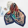 Elegant 90x90cm satin square scarf with navy blue and red floral silk-like pattern - 90*90cm / Navy Fortune Tree