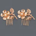 Vintage gold bridal hair comb set featuring delicate flowers leaves and pearls decoration - Flower and Leaf Style (HS-J7119AG) / Gold
