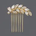 Vintage gold bridal hair comb featuring elegant crystal leaf design for wedding buns - Luxury Leaf Style (HS-J4375G) / Gold
