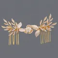 Elegant gold alloy bridal hair comb with delicate leaf motifs and central pearl - Versatile Daily Style (HS-J7215G) / Gold