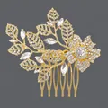 Vintage gold bridal hair comb featuring intricate rhinestone flower and leaf motifs - Luxury Photoshoot Style (HS-J4377G) / Gold
