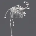 Vintage silver bridal hair comb with elegant rhinestones and pearl flower tassels - Luxury Bridesmaid Hair Comb (HS-J813) / Silver