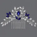 Elegant vintage bridal hair comb featuring blue and clear rhinestones for wedding updo hairstyles - Blue Crystal Versatile Hair Comb (HS-J7080S) / Silver