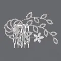 Vintage silver bridal hair comb featuring sparkly rhinestone floral and leaf patterns - Flower Rhinestone Style (HS-J6840S) / Silver
