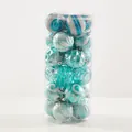 Set of 6cm teal and silver Christmas ornaments with festive painted patterns in a tube. - 6cm Painted Barrel Blue-Green