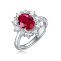 Elegant 925 silver adjustable ring with an oval red gemstone and floral halo cluster. - R13258 Lab Ruby 7*9mm / Adjustable Open