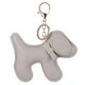Detailed macro view of a grey faux leather dog keychain charm with gold metal hardware - Dog Keychain / Gray