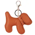 Detailed view of a brown faux leather puppy keychain with a golden lobster clasp. - Dog Keychain / Brown