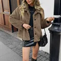 Fashionable women's brown fuzzy faux fur jacket coat for autumn and winter season - S / Brown