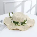 Elegant women's straw sun hat with flower crown and green ribbon for beach vacation - Large Green Ribbon Beige