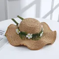 Women's wide brim straw hat with floral wreath and green bow for beach vacation - Large Green Belt Khaki