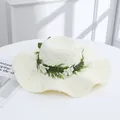 Elegant white wide brim straw sun hat decorated with green floral wreath for beach vacations - Large Green Stripe Milky White