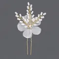 Elegant bridal hair pin with white mesh flowers, pearls, and rhinestones on gold wire branches. - Forest Mesh Flower Style (HS-J5020)