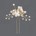 Handmade bridal hair pin featuring white pearls and sparkling rhinestones on gold branch - Rhinestone Artificial Pearl Banquet Style (HS-J5044)
