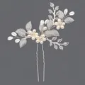 Elegant silver bridal hair pin featuring pearl flowers and sparkling rhinestone leaves - Silver Artificial Pearl Photoshoot Style (HS-J7180S)