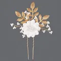 Elegant white flower bridal hair pin with golden leaves and pearls for weddings - Gold Leaf Petal Forest Style (HS-J7262G)
