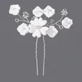 Bridal hair pin with white flowers, pearls and clear rhinestones on silver wire. - Silver Polymer Clay Flower Style (HS-J7260S)