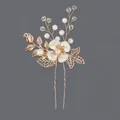 Elegant gold bridal hair pin decorated with white pearls and sparkling floral rhinestones - Gold Leaf Floral Style (HS-J7084G)