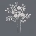 Elegant silver bridal hair pin with white flowers and pearls for wedding - Silver Evening Girl Style (HS-J7120S)