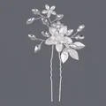 Elegant silver bridal hair fork with sparkling rhinestones and delicate white pearls - Silver Floral Photoshoot Style (HS-J6994S)