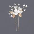 Elegant bridal hair pin featuring white flowers and golden leaves for wedding hairstyles - Gold Leaf Floral Versatile Style (HS-J6706G)