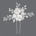 Bridal hair pin featuring white flowers, pearls and crystals on silver wire base - Silver Crystal Floral Style (HS-J7259S)