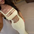 Sexy light yellow sleeveless bodycon dress with hollow-out straps and waist lace-up - S / Yellow