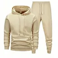 Heren khaki effen kleur trainingspak set met hoodie en joggingbroek tweedelig ensemble - Khaki