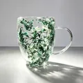 Elegant double-walled high borosilicate glass mug with real green dried flowers - 350ml / Blue-Green Shadow