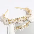 Cerchietto floreale dorato elegante con perle bianche per matrimoni e acconciature da sposa - Oro Bianco