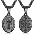 Dubbelzijdige zwarte roestvrijstalen Sint-Benedictus medaille hanger ketting voor heren - 02-Zwart (Sint-Benedictus)