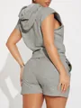 Back view of a grey sleeveless hooded loungewear set with raw edges and shorts. - S / Gray