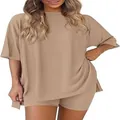 Full view of women's beige two-piece loungewear set featuring oversized tee and shorts - XS / Khaki