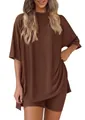 Close-up view of a women's oversized chocolate brown ribbed two-piece pajama set. - XS / Coffee