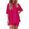 Vibrant hot pink two-piece pajama set with loose short sleeve top and comfy shorts - XS / Rose Red