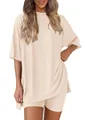 Close-up of comfortable oversized beige two-piece lounge set for women summer wear. - XS / Apricot