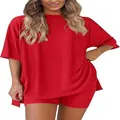 Leuchtend rotes zweiteiliges Schlafanzug-Set mit übergroßem Oberteil und Biker-Shorts - XS / Rot