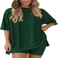 Two-piece dark green oversized women's lounge set with short sleeves and shorts - XS / Dark Green