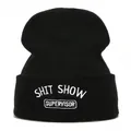 Black Y2K knitted beanie featuring white Shit Show Supervisor embroidery design on the cuff - One Size / Black (SHIT SHOW)