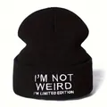 Y2K style black knitted beanie featuring 'I'M NOT WEIRD' white letter embroidery - One Size / Black (I'M NOT WEIRD)