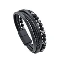 Close-up of men's multi-layer braided leather bracelet with natural stone and marble beads - Snowflake Obsidian