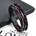 Multi-layer men's leather braided bracelet with natural stone beads and magnetic clasp - Red Tiger Eye