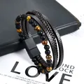 Men's multi-layer braided leather bracelet with natural tiger eye and matte black beads - Tiger's Eye