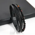 Men's multi-layer black braided leather bracelet with natural tiger eye stone beads. - Black Cord + Red Tiger Eye