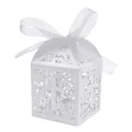 Elegant white laser-cut wedding favor candy box with cross and flower hollow pattern - 5x8.5cm / White