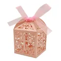 Elegant pink laser-cut candy gift box featuring a cross floral pattern and sheer ribbon - 5x8.5cm / Pink